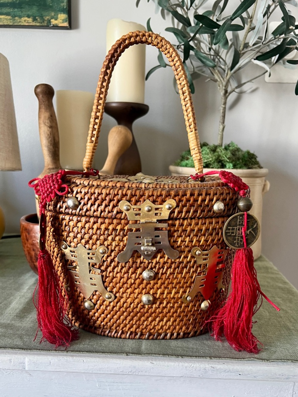 Vintage mid 20th century woven rattan bamboo Chinese wedding basket purse.